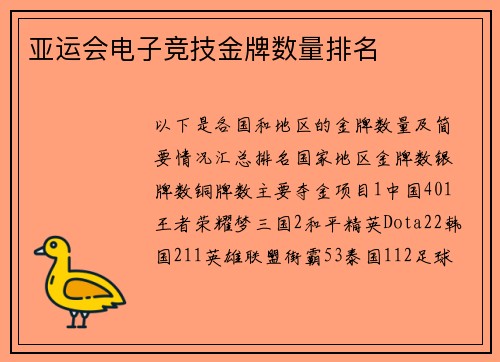 亚运会电子竞技金牌数量排名